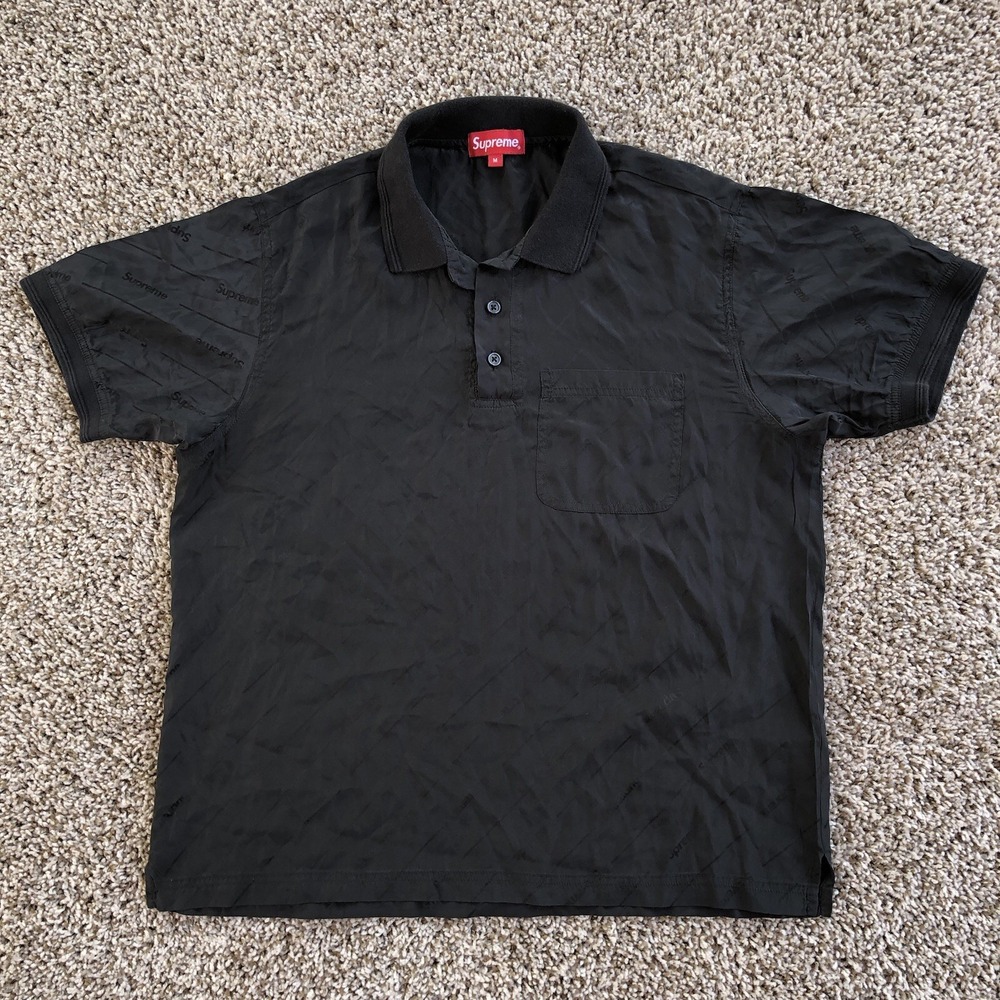 Supreme Logo Jacquard Polo Shirt SS18 Mens Medium Black 100% Silk Golf Casual